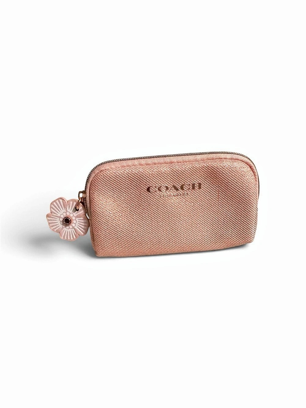 COACH Metallic Rose Gold Shimmer Cosmetic Pouch Bag with Flower Charm NWOT